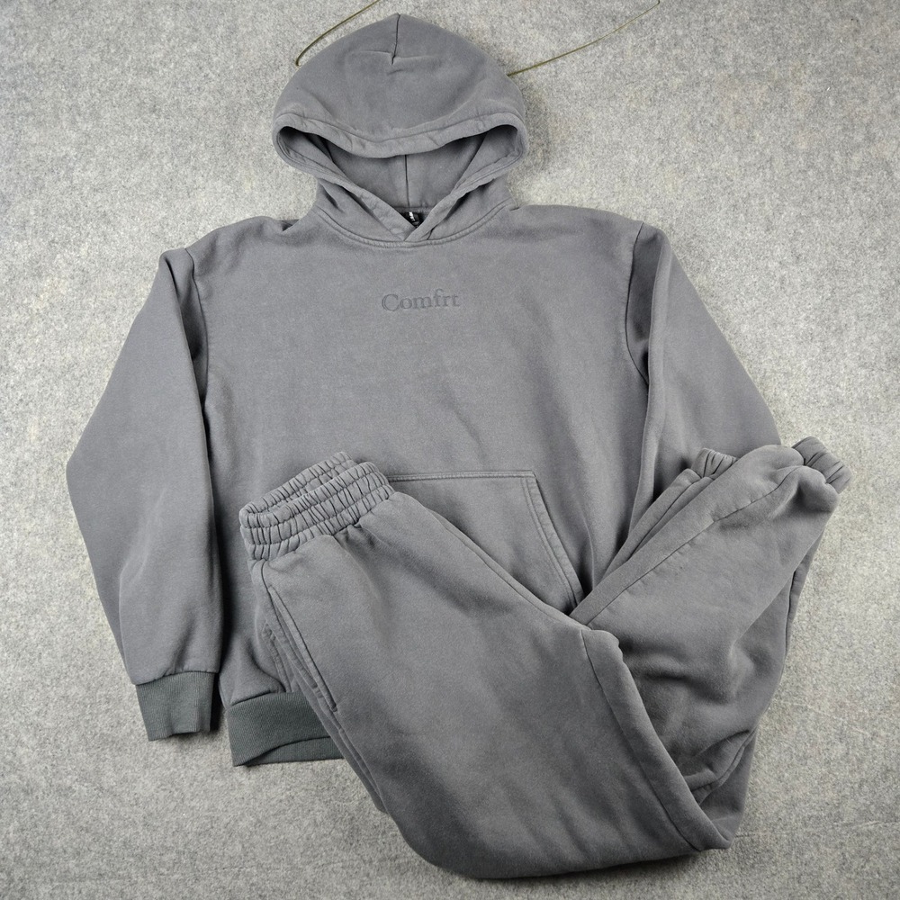 Comfrt Hoodie Sweatpants Set Mens Medium Gray Embroidered Logo Fleece Tracksuit